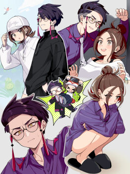 >_< 1boy 1girl 7dango7 absurdres baseball_cap black-framed_eyewear black_jacket black_shoes borrowed_clothes bottomless breasts brown_eyes brown_hair budew chibi chibi_inset closed_mouth collared_shirt commentary_request corbeau_(pokemon) eyewear_strap fletchling gen_4_pokemon gen_6_pokemon glasses harmony_(pokemon) hat hetero highres jacket kabedon long_sleeves multiple_views necktie nintendo opaque_glasses open_mouth pants pokemon pokemon_(creature) pokemon_legends:_z-a purple_shirt round_eyewear shirt shoes slippers squatting sweat white_hat white_necktie zipper zipper_pull_tab