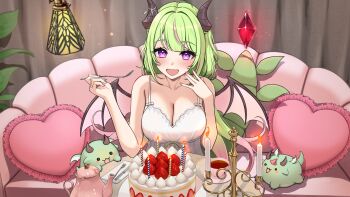 Rule 34 | 1girl, absurdres, azuki (azuki azukki), bare arms, bare shoulders, cake, candle, collarbone, commentary request, commission, copyright request, couch, crystal, cup, dragon girl, dragon horns, dragon tail, dragon wings, dress, fire, food, fork, frilled pillow, frills, fruit, gradient hair, green hair, hands up, heart, heart-shaped pillow, highres, holding, holding fork, horns, indoors, knife, long hair, looking at viewer, multicolored hair, nail polish, pillow, pink nails, pink wings, pixiv commission, purple eyes, purple hair, saucer, sleeveless, sleeveless dress, solo, strawberry, streaked hair, tail, teacup, very long hair, white dress, wings