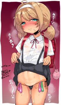 1girl :3 backpack bag bikini blonde_hair blush clothes_lift condom condom_belt cum green_eyes hair_ornament headband highres imazon loli looking_at_viewer micro_bikini nipples original randoseru see-through_clothes short_hair simple_background skirt skirt_lift solo steaming_body swimsuit tan tanline twintails used_condom wet wet_clothes