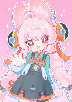 1girl ahoge animal_ear_fluff animal_ear_piercing animal_ears black_dress blush braid braided_twintails bright_pupils commentary_request cowboy_shot dress furry furry_female green_shirt hair_ornament heart heart_in_eye highres long_hair looking_at_viewer noclo326 open_mouth pinafore_dress pink_background pink_fur pink_hair rabbit_ears rabbit_girl red_eyes screw shirt short_eyebrows sleeveless sleeveless_dress solo sphere_hair_ornament symbol_in_eye teeth thick_eyebrows upper_teeth_only waving white_pupils zenless_zone_zero zhao_(zenless_zone_zero)