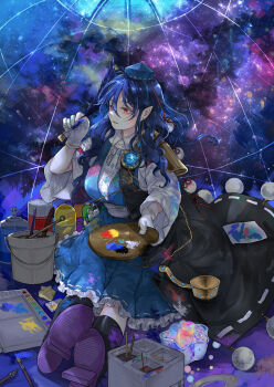 Rule 34 | 1girl, absurdres, art brush, black cape, black socks, blue dress, blue gem, blue hair, blue hat, buttons, cape, commentary request, diamond button, dress, earrings, gem, geta, gloves, gonglijeongli, hat, highres, holding, holding brush, holding paint palette, holding paintbrush, iizunamaru megumu, jewelry, korean commentary, paint, paint can, paint palette, paint stains, paintbrush, pointy ears, pom pom (clothes), purple shoes, red eyes, shirt, shoes, shoulder guard, sitting, socks, solo, tengu-geta, tokin hat, touhou, trim brush, white gloves, white shirt