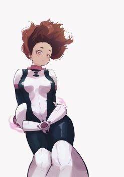 1girl apshotdana belt black_bodysuit bodysuit boku_no_hero_academia boots brown_eyes brown_hair female_focus highres looking_at_viewer matching_hair/eyes multicolored_bodysuit pink_bodysuit solo superhero_costume uraraka_ochako uraraka_ochako_(hero_outfit) white_bodysuit