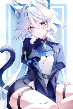 1girl animal_ear_fluff animal_ears ascot between_legs blue_ascot blue_eyes blue_gemstone blue_pupils blue_streaks blue_tail blush cat_ears cat_tail closed_mouth commentary_request drop-shaped_pupils furina_(genshin_impact) gem genshin_impact hair_between_eyes hand_between_legs heterochromia highres kemonomimi_mode kuro774_n long_hair long_sleeves looking_at_viewer multicolored_hair sitting solo streaked_hair symbol-shaped_pupils tail teardrop-shaped_gem thigh_strap very_long_hair white_hair