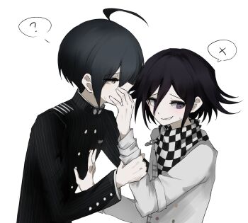 Rule 34 | 2boys, ?, ahoge, arm belt, black hair, black jacket, blush, brown eyes, buttons, checkered clothes, checkered scarf, collared jacket, covering another's mouth, danganronpa (series), danganronpa v3: killing harmony, flipped hair, flustered, from side, hair between eyes, hand on another's chest, hand over another's mouth, hashtag-only commentary, highres, holding another's wrist, jacket, long sleeves, male focus, multicolored buttons, multiple boys, nervous smile, oma kokichi, pinstripe jacket, pinstripe pattern, profile, purple eyes, saihara shuichi, scarf, short hair, simple background, smile, spoken question mark, spoken x, striped clothes, striped jacket, two-tone scarf, upper body, yaoi, zr 310