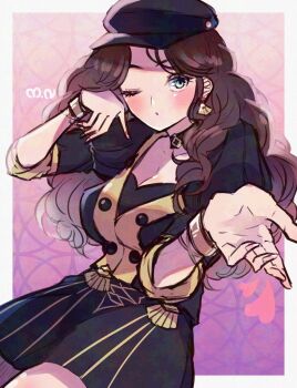 1girl bracelet breasts brown_hair choker cleavage dorothea_arnault earrings fire_emblem fire_emblem:_three_houses garreg_mach_monastery_uniform green_eyes hat jewelry large_breasts long_hair nintendo one_eye_closed skirt solo