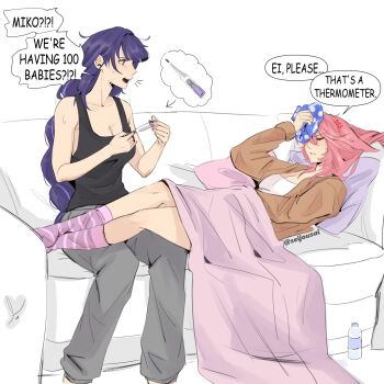 2girls blanket bottle braid breasts cleavage couch english_text genshin_impact highres ice_pack long_hair multiple_girls pants pink_hair purple_eyes purple_hair raiden_shogun seijousai sick socks sweat tank_top thermometer water_bottle yae_miko