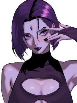 1girl absurdres black_lips black_nails breasts bridal_gauntlets cleavage_cutout clothing_cutout commentary dc_comics english_commentary forehead_jewel hand_up highres large_breasts looking_at_viewer portrait purple_eyes purple_hair raven_(dc) short_hair solo white_background xlee_knightiii