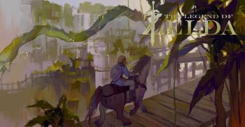 Rule 34 | 1boy, absurdres, black boots, blonde hair, blue shirt, boots, chinese commentary, commentary request, copyright name, english text, grey pants, highres, horse, horseback riding, hylian shield, knee boots, lin09, link, male focus, nintendo, outdoors, pants, pointy ears, riding, saddle, shield, shield on back, shirt, short hair, short sleeves, solo, the legend of zelda, the legend of zelda: breath of the wild, tree