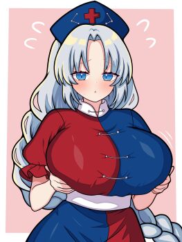 1girl absurdres alternate_breast_size_(larger) blue_dress blue_hat blush braid breast_lift breasts commentary_request constellation_print cross cross_print dress flying_sweatdrops grey_hair hat highres huge_breasts kukurukurukuru long_hair looking_at_viewer nurse_cap print_hat red_cross red_dress single_braid solo touhou two-tone_dress very_long_hair yagokoro_eirin yellow_eyes