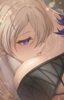 2girls armpits black_dress blonde_hair breasts dress eyeliner haxial highres large_breasts licking licking_armpit long_hair looking_at_another lucilla_(wuthering_waves) lynae_(wuthering_waves) makeup multicolored_hair multiple_girls presenting_armpit purple_eyes purple_hair red_eyeliner saliva saliva_trail shirt sideboob streaked_hair white_shirt wuthering_waves yuri