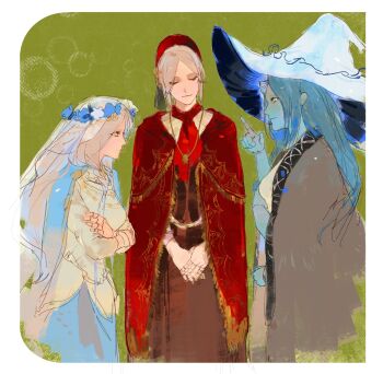 3girls ascot bloodborne blue_capelet blue_eyes blue_hair blue_skin bodice bonnet border braid capelet cloak closed_eyes closed_mouth colored_skin commentary crossed_arms crossover doll_girl doll_joints dress elden_ring elden_ring_nightreign english_commentary extra_arms flower_wreath fringe_trim from_side fromsoftware gold_trim green_background grey_cloak grey_hair hat head_wreath highres joints long_hair low_twin_braids multiple_girls own_hands_clasped own_hands_together parted_bangs plain_doll pointing pointing_up ranni_the_witch red_ascot red_bonnet red_cloak revenant_(elden_ring) sidelocks smile standing trait_connection twin_braids upper_body veil white_border white_dress white_hair white_veil witch_hat wp0277