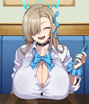 1girl asuna_(blue_archive) asuna_(school_uniform)_(blue_archive) black_choker blonde_hair blue_archive blue_bow blue_nails blue_ribbon blue_scrunchie booth_seating bow bowtie breast_rest breasts button_gap cellphone choker cleavage closed_eyes hair_over_one_eye hair_ribbon highres hiyoko_spot holding holding_phone huge_breasts long_hair mole mole_on_breast one_eye_covered open_mouth partially_unbuttoned phone ribbon scrunchie shirt sitting smartphone smile solo straight_hair table tight_clothes tongue very_long_hair white_shirt wrist_scrunchie