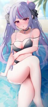 1girl :o arm_support ass beach bikini black_choker black_ribbon blunt_bangs blush breasts choker crossed_legs day double_bun flower grey_hair hair_bun hair_flower hair_ornament hair_ribbon hairclip highres lace lace_sleeves layered_bikini long_hair looking_at_viewer medium_breasts multi-strapped_bikini_top multicolored_hair nokonata ocean off-shoulder_bikini off_shoulder outdoors palm_tree purple_eyes purple_hair ribbon short_eyebrows side-tie_bikini_bottom sitting solo streaked_hair swimsuit thick_eyebrows tosaki_mimi tosaki_mimi_(vspo!_summer_2024) tree twintails virtual_youtuber vspo! water