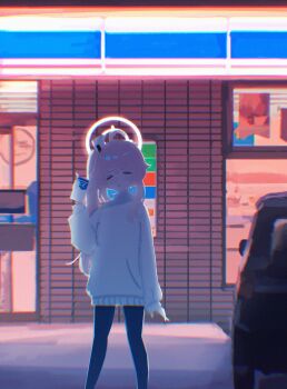 1girl absurdres ahoge alternate_costume appl2pi2 black_pants blue_archive car casual closed_eyes convenience_store drink_carton feet_out_of_frame gibberish_commentary halo highres holding holding_milk_carton long_hair long_sleeves milk_carton motor_vehicle natsu_(blue_archive) night outdoors pants pink_hair pink_halo shop side_ponytail single_sleeve_past_wrist solo straight-on sweater white_sweater window