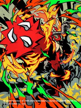 blaziken blue_eyes claws closed_mouth colored_sclera commentary_request company_name copyright_name copyright_notice fire full_body gen_3_pokemon incoming_kick kicking mega_blaziken mega_pokemon nc_empire_(circle) nintendo official_art outstretched_leg pokemon pokemon_(creature) pokemon_focus pokemon_tcg pokemon_tcg_pocket smoke solo yellow_sclera