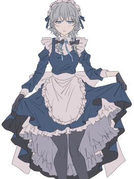 1girl amatukimahoro apron back_bow black_gloves black_pantyhose blue_dress blue_eyes bow braid closed_mouth collared_shirt commentary_request dress feet_out_of_frame frilled_apron frilled_dress frills gloves grey_hair hair_bow izayoi_sakuya long_hair long_sleeves looking_at_viewer maid maid_headdress pantyhose pinafore_dress shirt simple_background skirt_hold sleeveless sleeveless_dress solo touhou twin_braids waist_apron white_apron white_background white_bow white_shirt