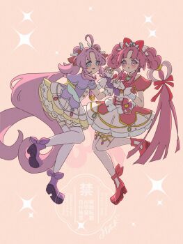 2girls :d ahoge akechi_anna aqua_trim back_bow bare_shoulders blue_eyes blunt_ends blush boots bow braid brooch buttons commentary cure_answer cure_mystique curtained_hair double-breasted double_bun dress earrings fingerless_gloves footwear_bow full_body gloves gold_buttons gold_trim hair_bow hair_bun hair_flaps hair_intakes hair_ornament heart heart_brooch highres holding_hands impossible_hair jewelry kobayashi_mikuru layered_dress leg_up long_hair looking_at_viewer magical_girl medium_dress meitantei_precure! multiple_girls off-shoulder_dress off_shoulder open_mouth pact_holder parted_bangs pink_bow pink_dress pink_gloves pink_hair pink_thighhighs platform_boots pleated_dress pouch precure puni2_kuru2 purple_boots purple_bow purple_dress purple_eyes purple_gloves purple_hair purple_thighhighs red_boots red_bow sidelocks smile sparkle sparkle_background symbol-only_commentary thick_eyebrows thighhighs twin_braids very_long_hair watermark wing_hair_ornament yellow_background yellow_bow