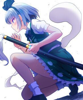 1girl black_bow black_bowtie black_hairband blue_eyes bow bow_hairband bowtie commentary_request dutch_angle frilled_skirt frills from_side green_skirt green_vest grey_hair hairband highres hitodama hitodama_print holding holding_sheath holding_sword holding_weapon kisaragi_koushi kneeling konpaku_youmu loafers looking_to_the_side print_skirt profile puffy_short_sleeves puffy_sleeves sheath sheathed shirt shoes short_hair short_sleeves skirt socks solo sword touhou vest weapon white_shirt white_socks