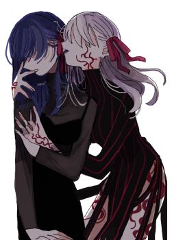 2girls against_wall black_dress blue_hair commentary_request dark_persona dark_sakura dress dual_persona fate/stay_night fate_(series) floating_hair hair_ribbon highres holding_another's_arm matou_sakura multiple_girls red_ribbon ribbon shaded_face simple_background whispering_in_ear white_background white_hair yasu_urayaka