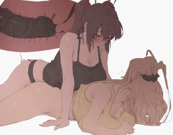 2girls black_hair blonde_hair blush breast_press breasts breasts_on_another&#039;s_back cervical_penetration cervix cleavage cross-section deep_penetration dildo hair_between_eyes hair_ornament hair_ribbon hair_scrunchie high_ponytail huge_breasts large_breasts long_hair lying mdf_an motion_lines multiple_girls object_insertion on_stomach original ponytail prone_bone ribbon scrunchie sex sex_from_behind sex_toy simple_background strap-on sweat tank_top trembling twintails uterus vaginal vaginal_object_insertion yuri