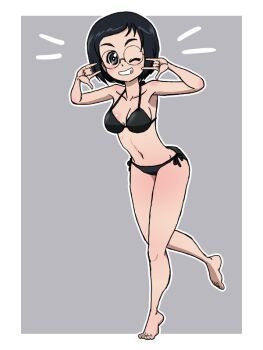 Rule 34 | 1girl, bikini, black bikini, black hair, blush, breasts, full body, girls und panzer, glasses, grey background, grey eyes, grin, katsuya megu, large breasts, looking at viewer, one eye closed, short hair, side-tie bikini bottom, simple background, smile, solo, swimsuit, takahashi kurage, wink