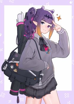 1girl bag bag_charm black_bag black_ribbon black_skirt bloop_(gawr_gura) blue_eyes border bubba_(watson_amelia) cardigan charm_(object) death-sensei_(mori_calliope) gradient_hair grey_cardigan hair_ornament heterochromia high_side_ponytail highres hololive hololive_english kotori_(takanashi_kiara) multicolored_hair neck_ribbon ninomae_ina&#039;nis ninomae_ina&#039;nis_(school_uniform) orange_hair outside_border pink_streaks plaid_clothes plaid_skirt pleated_skirt pointy_ears purple_border purple_eyes purple_hair ribbon shoulder_bag skirt solo sparkle streaked_hair takodachi_(ninomae_ina&#039;nis) tentacle_hair virtual_youtuber waneyeye white_background