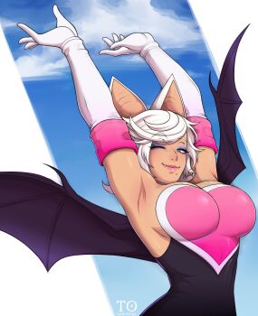 1girl absurdres animal_ears armpits arms_up bat_ears bat_girl bat_wings blue_eyeshadow breasts cleavage closed_mouth dark-skinned_female dark_skin elbow_gloves eyeshadow fangs fangs_out gloves green_eyes highres humanization large_breasts lips looking_at_viewer makeup mole mole_under_mouth one_eye_closed rouge_the_bat short_hair smile solo sonic_(series) sonic_racing:_crossworlds tabletorgy upper_body white_gloves white_hair wings