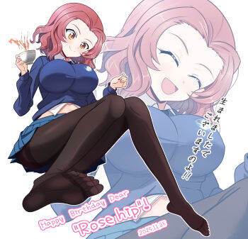 1girl absurdres black_pantyhose blush breasts closed_eyes closed_mouth commentary_request cup feet girls_und_panzer highres holding holding_cup kumaisao large_breasts multiple_views navel open_mouth orange_eyes pantyhose red_hair rosehip_(girls_und_panzer) school_uniform short_hair smile st._gloriana&#039;s_school_uniform tea teacup