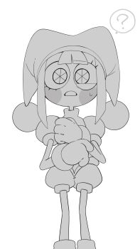 137syou 1girl ? blunt_bangs blunt_ends blush_stickers bodysuit confused eye_twitch gloves greyscale hand_on_own_chest hand_on_own_stomach hat hat_bell highres jester jester_cap jester_costume looking_at_viewer monochrome pom_pom_(clothes) pomni_(the_amazing_digital_circus) puffy_short_sleeves puffy_sleeves short_hair short_sleeves solo spoken_question_mark sweatdrop the_amazing_digital_circus