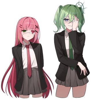 2girls absurdres black_jacket blazer closed_mouth collared_shirt color_coordination commentary_request cropped_legs double-parted_bangs evil_smile eyepatch frown green_eyes green_hair green_necktie grey_skirt hair_between_eyes hair_ornament hairclip hanako_nana heart heart_print highres jacket korean_commentary long_bangs long_hair mask medical_eyepatch medium_hair miniskirt multicolored_hair multiple_girls necktie one_eye_covered open_clothes open_jacket parallel_hairclips parted_lips pink_hair pink_necktie pleated_skirt print_mask purple_eyes shirt shirt_tucked_in simple_background skirt smile standing stellive straight_hair streaked_hair twintails v-shaped_eyebrows very_long_hair virtual_youtuber white_background white_shirt wing_collar x_hair_ornament yireh yuzuha_riko