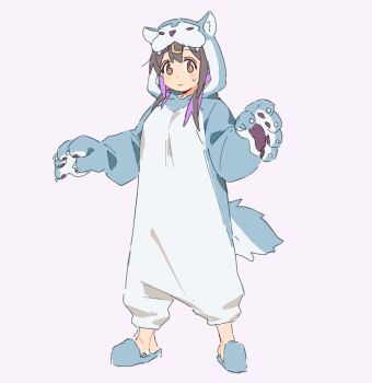 1girl animal_costume animal_ears animal_hands black_hair brown_eyes closed_mouth commentary cosplay crocs fake_animal_ears fake_tail full_body gloves grey_background hair_between_eyes hair_ornament hairclip highres hood hood_up karubi_(karubi465558) long_hair looking_at_viewer multicolored_hair no_socks onesie onii-chan_wa_oshimai! oyama_mahiro oyama_mahiro_(cosplay) oyama_mihari paw_gloves purple_hair simple_background solo standing sweatdrop tail two-tone_hair wolf_costume wolf_ears wolf_hood wolf_tail