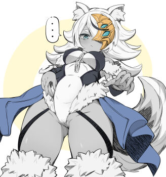 ... 1girl animal_ear_fluff animal_ears blue_eyes breasts chain colored_skin commentary_request covered_navel cowboy_shot duel_monster fingernails garoudo_(kadouhan'i) grey_hair grey_skin half_mask highres leotard long_hair lunalight_silver_hound mask one_eye_covered solo spoken_ellipsis tail white_leotard wolf_ears wolf_girl wolf_tail yu-gi-oh! yu-gi-oh!_arc-v