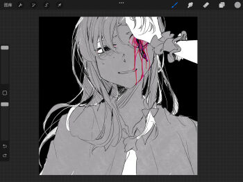 2girls alternate_hair_length_(longer) art_program_in_frame art_program_request black_background blood bow collared_shirt colored_blood commentary dated_commentary frilled_wrist_cuffs frills guro hair_bow highres injury long_hair maribel_hearn multiple_girls necktie object_in_eye open_mouth oriharareimu pen shirt solo_focus spot_color sweat touhou usami_renko wrist_cuffs