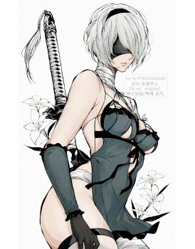 1girl 2b_(nier:automata) backless_outfit bandaged_arm bandaged_leg bandaged_neck bandages black_gloves black_hairband black_visor blindfold blue_negligee blue_sleeves border breasts commentary_request cosplay cowboy_shot flower frills gloves grey_background grey_hair hair_over_one_eye hairband highres kaine_(nier) kaine_(nier)_(cosplay) katana lingerie medium_breasts mole mole_under_mouth negligee nier:automata nier_(series) nishiii26miii panties parted_lips pillarboxed short_hair sideboob single_bare_shoulder solo sword tassel thigh_strap thighs twintails underboob underwear virtuous_contract weapon white_border white_flower white_panties