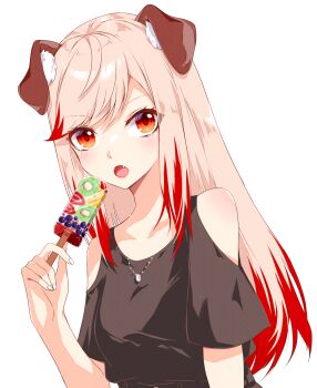 Rule 34 | 1girl, :o, absurdres, animal ears, black shirt, blonde hair, blush, breasts, chukachuka, clothing cutout, commentary request, dog ears, dog girl, fangs, fingernails, food, fruit, fruit popsicle, highres, holding, holding food, holding popsicle, jewelry, kiwi (fruit), long hair, looking at viewer, medium breasts, multicolored hair, nanashi inc., necklace, open mouth, orange eyes, popsicle, red hair, seshima rui, shirt, short sleeves, shoulder cutout, simple background, solo, streaked hair, transparent background, two-tone hair, upper body, virtual youtuber