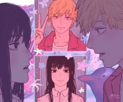 1boy 1girl absurdres black_eyes black_hair blonde_hair chainsaw_man closed_mouth denji_(chainsaw_man) dolphin hand_up highres light_smile long_hair looking_at_viewer mitaka_asa open_mouth orange_eyes pink_shirt pumpkingface sharp_teeth shirt short_hair starfish teeth v white_shirt