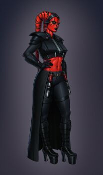 1girl alien armor birdyraider black_boots black_gloves black_lips black_pants boots breastplate colored_skin full_body gloves grey_background hand_on_own_hip high_heel_boots high_heels highres looking_at_viewer midriff navel pants red_skin sith star_wars twi'lek yellow_background