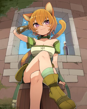 1girl absurdres animal_ears barrel bell boots bottle breasts cat_ears cat_girl cat_tail choker cleavage collar commission crossed_legs facial_mark fire_emblem fire_emblem:_path_of_radiance fire_emblem:_radiant_dawn georugu13 green_choker green_collar green_shorts hand_guard heart highres lethe_(fire_emblem) nintendo orange_hair orange_tail purple_eyes short_hair shorts sitting skeb_commission solo tail whisker_markings window wrist_wrap