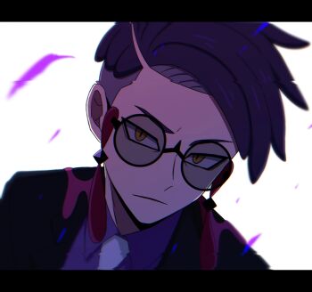 Rule 34 | 1boy, absurdres, closed mouth, collared shirt, commentary, corbeau (pokemon), dutch angle, highres, kiriya black, letterboxed, looking at viewer, male focus, nintendo, parted hair, pokemon, pokemon legends: z-a, portrait, round eyewear, shirt, short hair, slit pupils, solo, white background