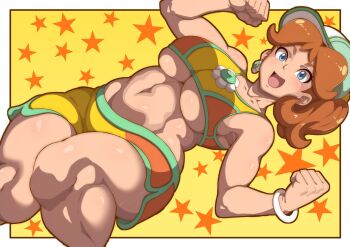 1girl aqua_trim baseball_cap blue_eyes bracelet breasts brown_hair clenched_hands commentary_request dutch_angle hat highres jewelry large_breasts looking_at_viewer mario_(series) mario_kart mario_kart_world navel nintendo official_alternate_costume open_mouth orange_shorts orange_sports_bra oryutoo princess_daisy princess_daisy_(swimwear)_(mario_kart_world) short_shorts shorts solo sports_bra toned two-tone_shorts two-tone_sports_bra underboob yellow_shorts yellow_sports_bra