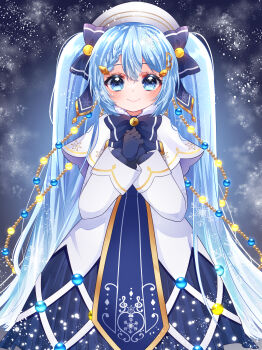 1girl absurdres aqua_eyes aqua_hair beret black_gloves blue_bow blue_tabard blush bow capelet christmas_lights closed_mouth dress gloves gold_trim hair_between_eyes hair_bow hair_ornament hat hatsune_miku highres holding holding_hands long_hair multiple_hair_bows official_alternate_hairstyle smile snowflake_print snowflakes solo tabard twintails very_long_hair vocaloid wakarin_(akaririnngo) white_capelet white_dress white_hat yuki_miku yuki_miku_(2021)