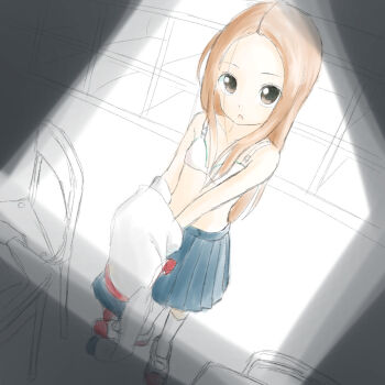 1girl blue_skirt bra brown_eyes brown_hair chair changing_clothes female_focus holding_shirt holding_unworn_clothes indoors karakai_jouzu_no_takagi-san loli long_hair looking_at_viewer open_mouth setsuden shirt shoes skirt socks solo standing takagi-san underwear undressing unworn_shirt white_bra