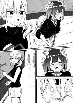 2girls absurdres animal_ears bad_girl_(manga) blush breasts closed_eyes dog_ears dog_tail fake_animal_ears fake_tail greyscale highres jussayuranhijau leash monochrome multiple_girls open_mouth peeing peeing_self small_breasts smile suzukaze_suzu tail yuutani_yuu