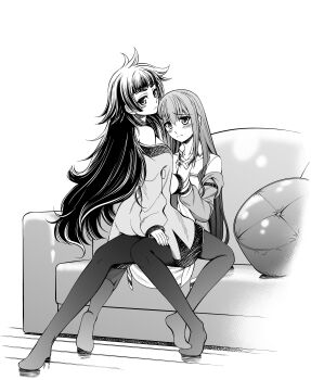 2girls absurdres ahoge arm_belt blush breasts cleavage clothes_pull couch dress_pull dress_shirt eibon full_body greyscale hair_between_eyes hand_on_another&#039;s_thigh highres hiyajou_maho holding_hands jacket jacket_pull light_frown long_hair long_sleeves looking_at_viewer looking_back loose_necktie makise_kurisu monochrome multiple_girls necktie open_collar pantyhose science_adventure shiny_eyes shirt single_bare_shoulder sitting skirt small_breasts steins;gate steins;gate_0 straddling very_long_hair white_shirt yuri