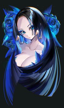 1girl black_background black_hair blue_eyes blue_eyeshadow blue_flower blue_rose boa_hancock chromatic_aberration closed_mouth commentary crazy_otama earrings eyeshadow flower glint highres jewelry long_hair looking_at_viewer makeup one_piece rose sidelocks simple_background snake_earrings solo symbol-only_commentary upper_body
