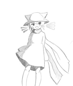 Rule 34 | 1other, animal ears, arm behind back, arms behind back, bare legs, cat ears, commentary, dress shirt, english commentary, fang, hat, hat with ears, highres, looking at viewer, monochrome, niko (oneshot), no legwear, oneshot (game), open mouth, scarf, seregachekram, shirt, smile, solo, standing, third-party source, whiskers, white background, wind