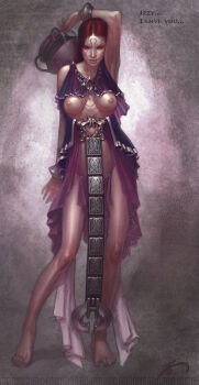 1girl 3d aphrodite_(god_of_war) arm_behind_head armpits ass barefoot blue_eyeshadow braid breasts brown_hair cooking_pot dress eyeshadow facial_mark feet forehead_mark full_body garter_belt god_of_war god_of_war_iii highres holding holding_cooking_pot jewelry large_breasts lightning lips long_hair makeup multiple_views nipples official_art outstretched_arms panties pelvic_curtain purple_dress purple_eyes revealing_clothes silver_bangle single_braid spread_arms standing thong toes underwear watermark
