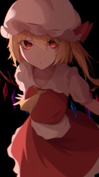 1girl 25omega25 ascot blonde_hair collared_shirt commentary_request crystal crystal_wings flandre_scarlet frilled_shirt_collar frills hat highres mob_cap multicolored_wings one_side_up red_eyes red_skirt red_vest shirt skirt skirt_set slit_pupils solo touhou vest white_hat white_shirt wings yellow_ascot