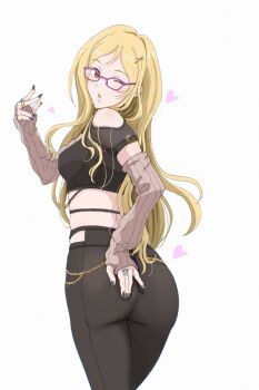 Rule 34 | 1girl, arm warmers, ass, bespectacled, black nails, black pants, blonde hair, breasts, brown eyes, commentary request, cowboy shot, fingerless gloves, fingernails, from behind, glasses, gloves, hair ornament, hand on own ass, hand up, heart, highres, hip-hop woman (idolmaster), idolmaster, idolmaster million live!, idolmaster million live! theater days, jewelry, long hair, looking back, momose rio, nail polish, official alternate costume, one eye closed, osage gankyou, pants, pink-framed eyewear, ring, simple background, solo, standing, white background, x hair ornament