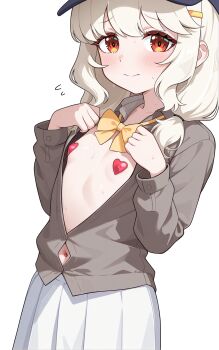 1girl absurdres aoba_(blue_archive) aviary blue_archive blue_hat blush bow bowtie brown_shirt closed_mouth collared_shirt dot_nose embarrassed flat_chest flying_sweatdrops furrowed_brow hair_between_eyes hands_up hat heart_pasties highres loli long_sleeves looking_at_viewer loose_bowtie low_twintails navel partially_unbuttoned pasties peaked_cap pleated_skirt red_eyes shirt simple_background skirt sleeve_cuffs solo split_mouth standing sweat sweatdrop twintails white_background white_skirt yellow_bow yellow_bowtie